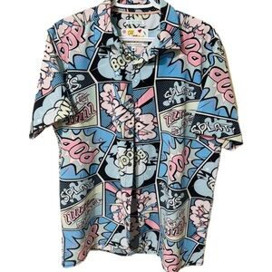 Pop Art Comic Button Up Shirt Mens Short Sleeve Tee T-Shirt Size M • 90s